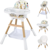 4 in 1 high chair with adjustable tray, wooden legs, and waterproof cushion for babies and toddlers in multicolor.