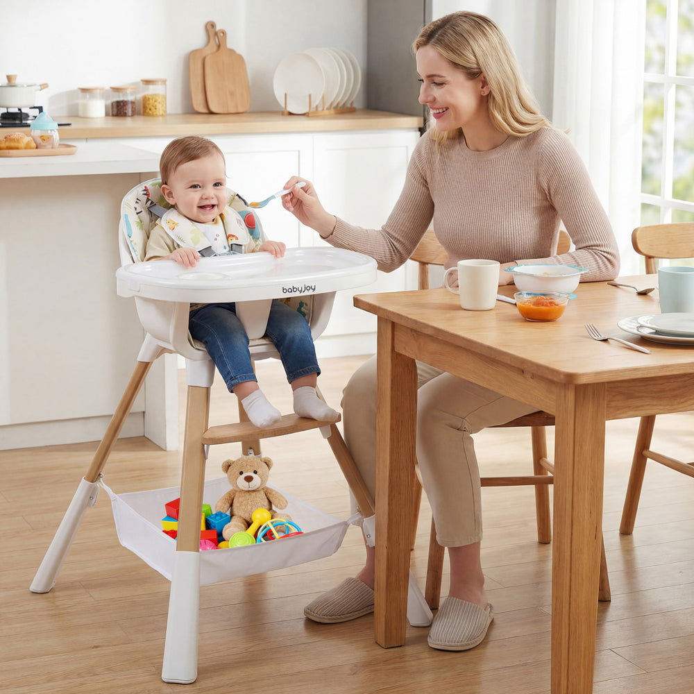 High chair for babies with adjustable tray, sturdy wooden legs, and a storage basket, ideal for mealtime convenience.