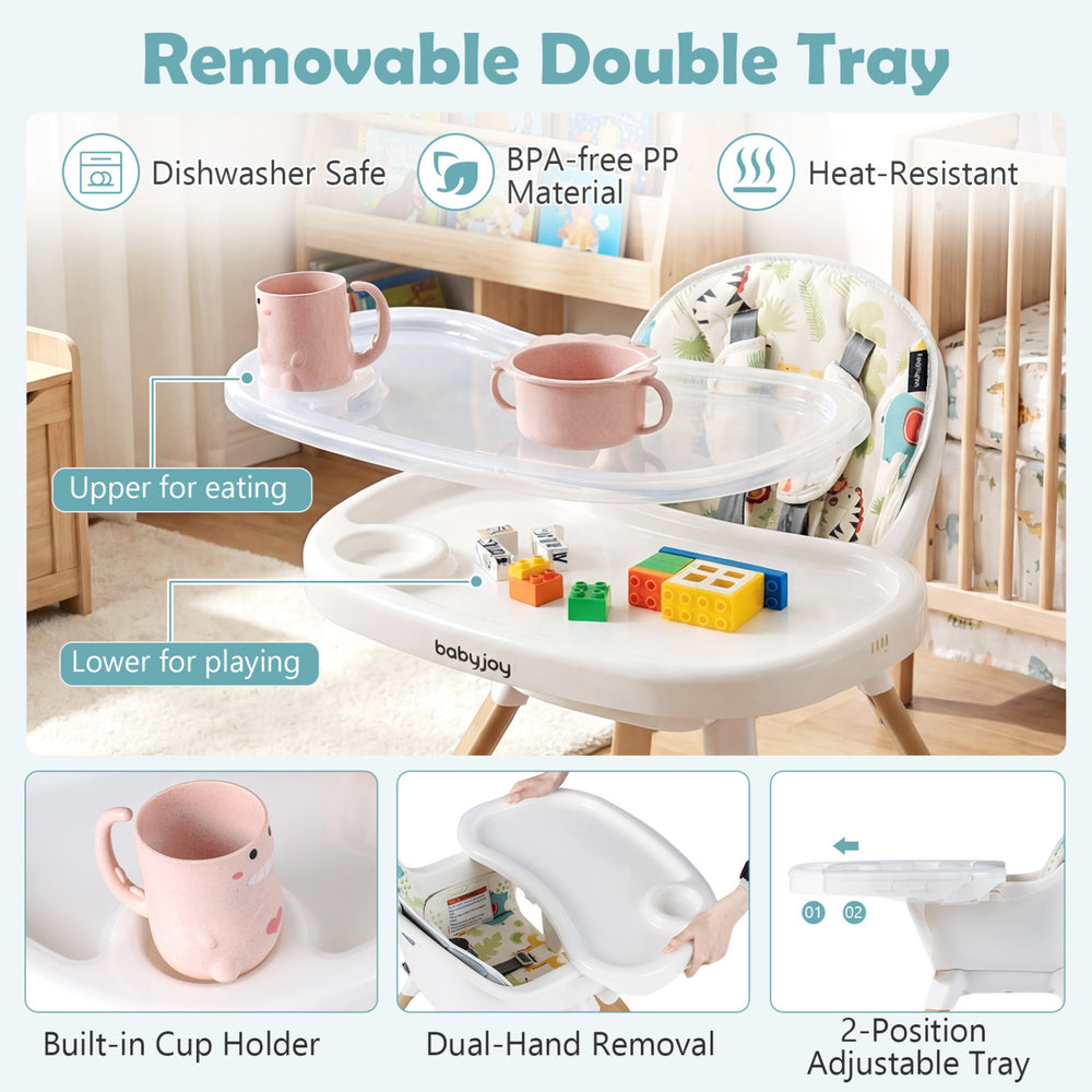 Removable double tray of a multicolor 4 in 1 high chair, featuring a built-in cup holder and adjustable height for.