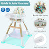 4 in 1 high chair for babies with adjustable tray, 5-point harness, and sturdy wooden legs for safety and stability.