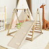 Indoor jungle gym featuring a baby swing, climbing ramp, and solid wood frame for safe play and versatility.