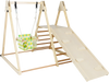 4-in-1 indoor jungle gym featuring a natural wood frame, baby swing, climbing ramp, and adjustable height for versatile.