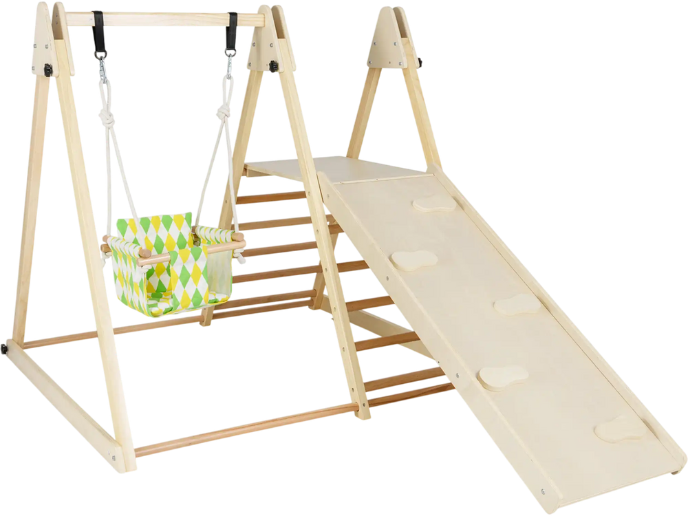 4-in-1 indoor jungle gym featuring a natural wood frame, baby swing, climbing ramp, and adjustable height for versatile.