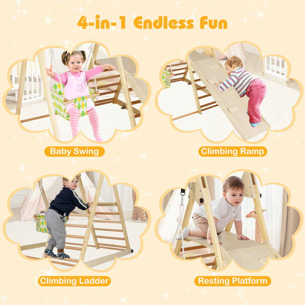4-in-1 indoor jungle gym featuring a baby swing, climbing ramp, ladder, and resting platform for versatile play.