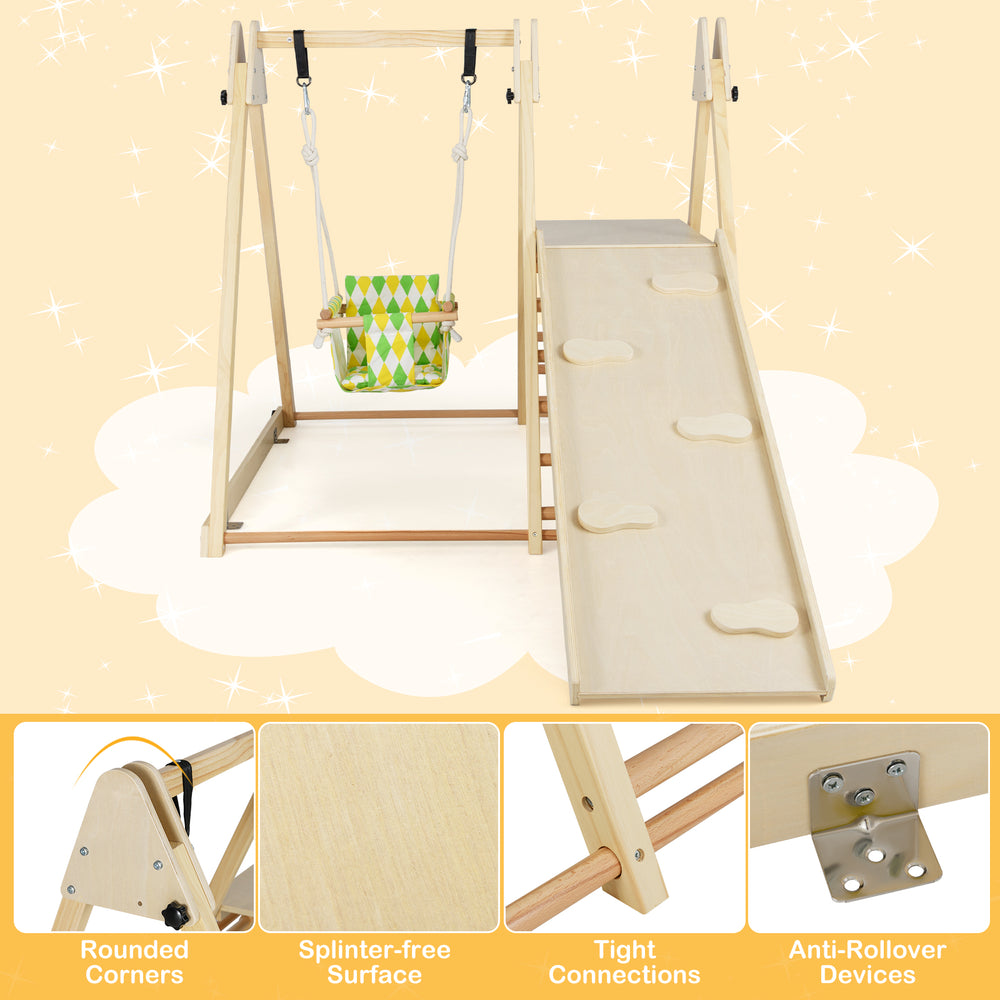 4-in-1 indoor jungle gym featuring a baby swing, climbing ramp, and resting platform with a natural wood finish.