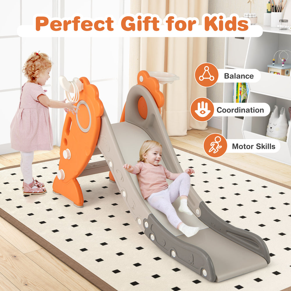 Indoor slide for kids with basketball hoop, orange and gray design, promoting balance and coordination for ages 3+.