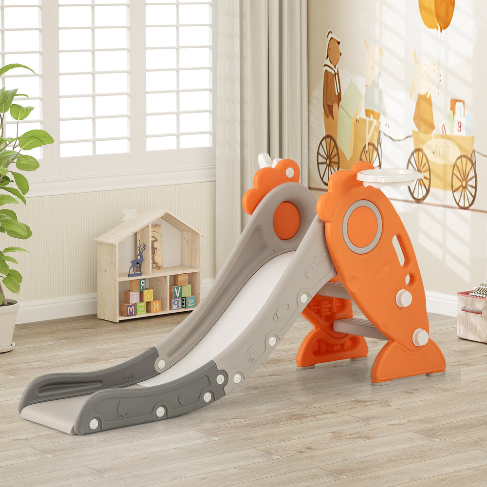 Indoor 4-in-1 slide for kids with basketball hoop, orange and gray design, featuring safe non-slip steps and handles.