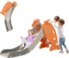 Indoor 4-in-1 slide for kids with basketball hoop, featuring a safe staircase and playful carrot design for fun.