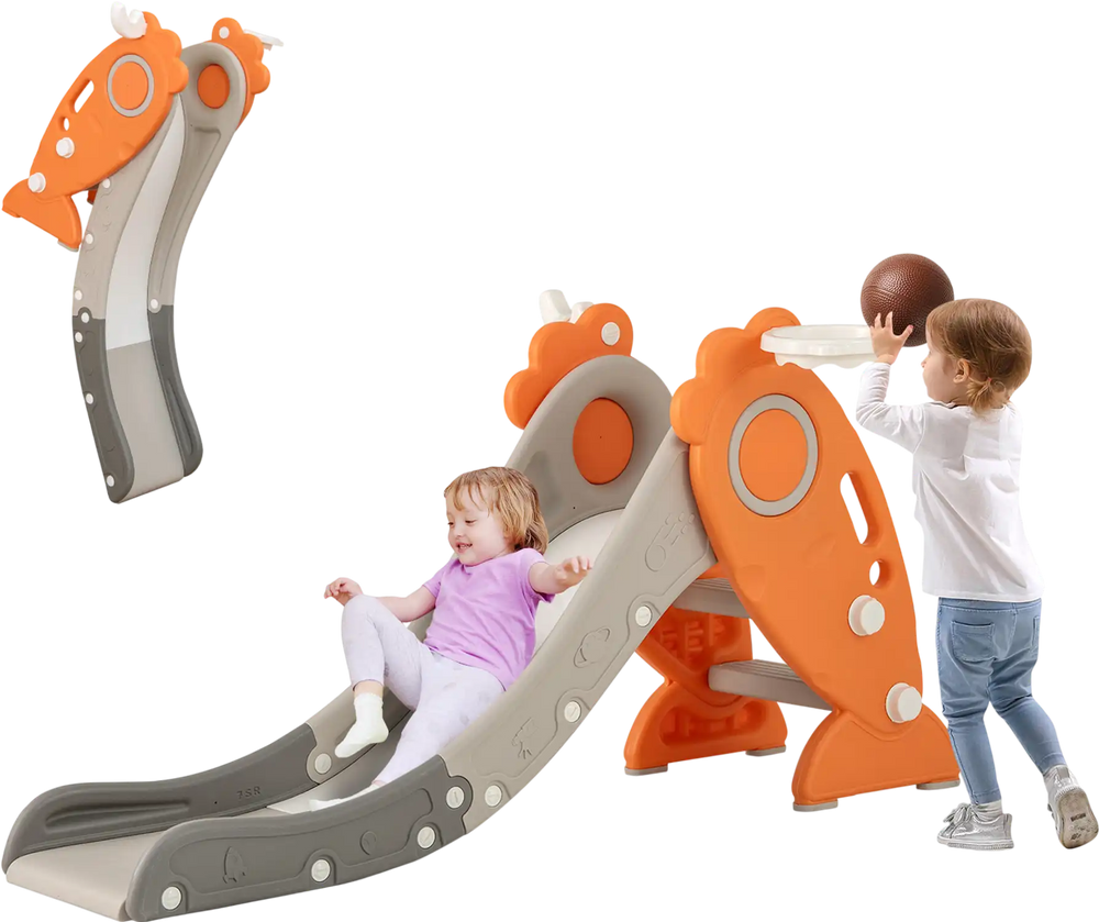 Indoor 4-in-1 slide for kids with basketball hoop, featuring a safe staircase and playful carrot design for fun.