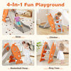 4-in-1 indoor slide for kids with basketball hoop and ring toss, featuring a safe staircase and playful carrot design.
