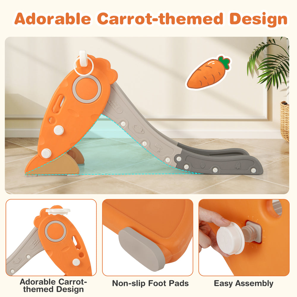 Indoor slide for kids with adorable carrot theme, non-slip foot pads, and basketball hoop for safe, fun playtime.