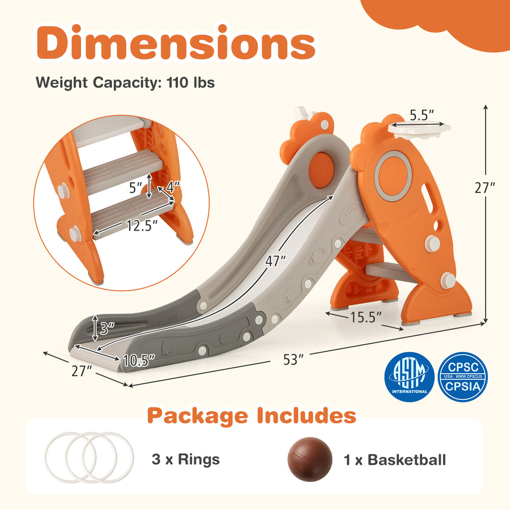Indoor slide for kids with basketball hoop and rings, featuring a safe staircase and playful carrot design in orange.