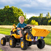 Kids ride-on tractor in yellow with excavator bucket, detachable trailer, and remote control for outdoor fun.