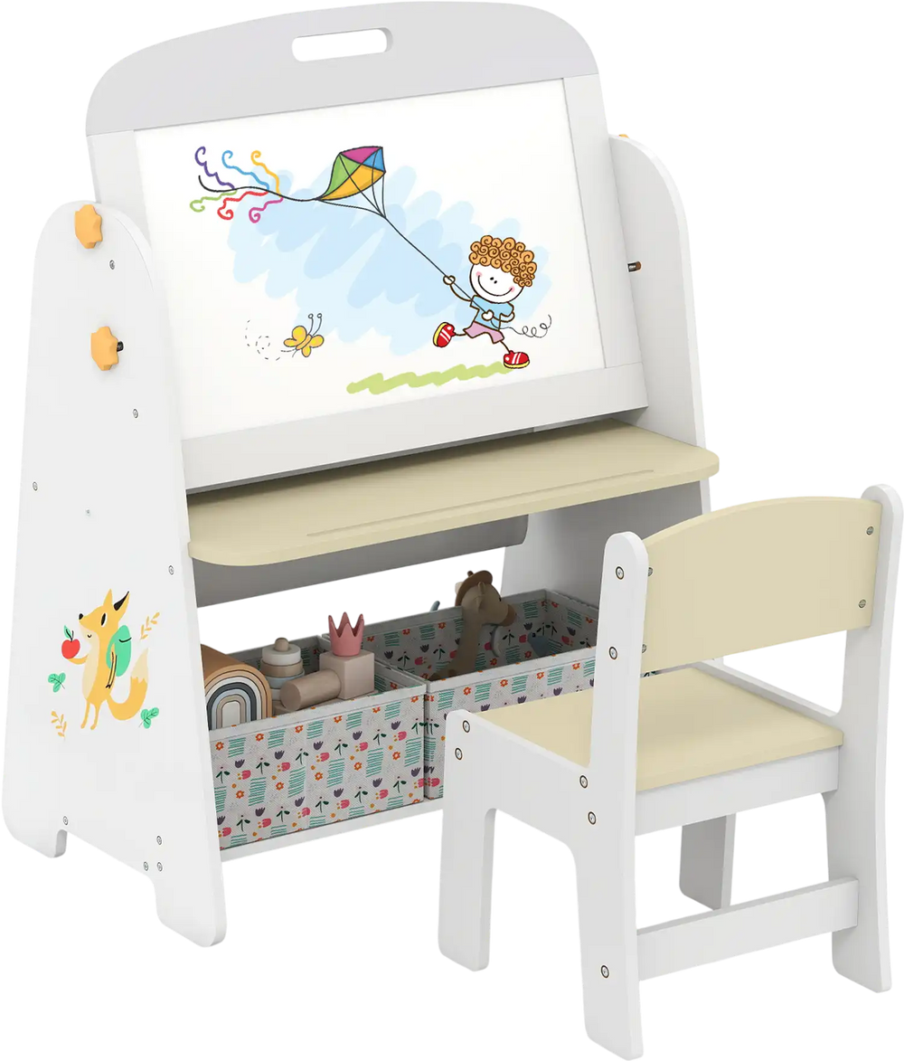 Kids table and chair set with a magnetic whiteboard easel, 2-tier bookshelf, and storage bins for creative play.