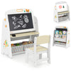 Kids 4-in-1 table and chair set with adjustable easel, bookshelf, and storage bins for creative play and learning.