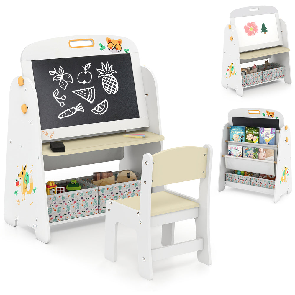 Kids 4-in-1 table and chair set with adjustable easel, bookshelf, and storage bins for creative play and learning.