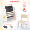 Kids table and chair set featuring a double-sided easel, bookshelf, and fabric bins, perfect for art and play.
