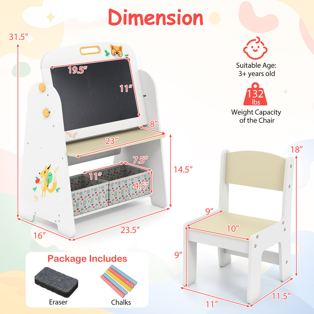 Kids table and chair set featuring a double-sided easel, bookshelf, and fabric bins, perfect for art and play.