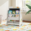 Kids table and chair set featuring a 4-in-1 design with easel, bookshelf, and fabric bins for creative play and reading.