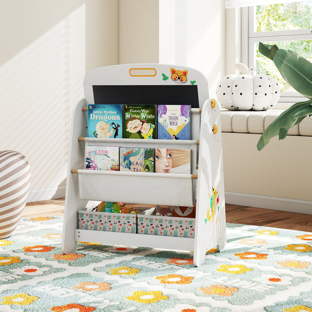 Kids table and chair set featuring a 4-in-1 design with easel, bookshelf, and fabric bins for creative play and reading.