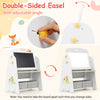 Double-sided easel with adjustable angle, featuring a magnetic whiteboard and 2-tier bookshelf for kids' art and play.