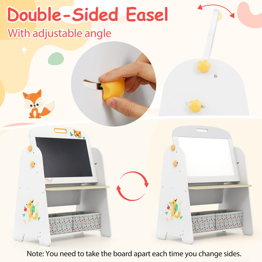 Double-sided easel with adjustable angle, featuring a magnetic whiteboard and 2-tier bookshelf for kids' art and play.