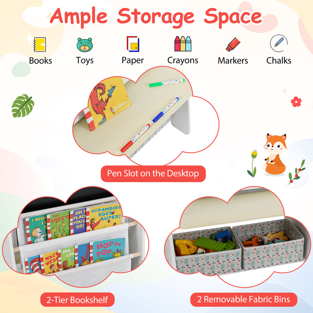 Kids table and chair set featuring a 2-tier bookshelf, pen slot, and removable fabric bins for organized play and.