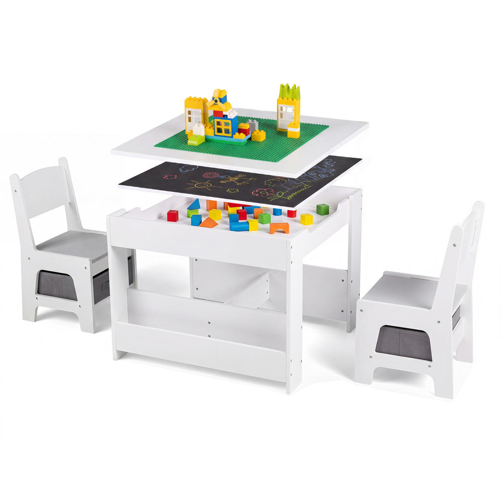Kids' 4 in 1 table and chairs set in grey with removable tabletop, storage space, and building block board for versatile play.