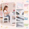 Kids' table and chairs set in grey features ergonomic backrests, rounded corners, and spacious storage for books and blocks.