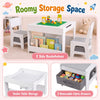 Kids table and chairs set in grey with removable tabletop, 2 bookshelves, and 2 fabric drawers for versatile play and storage.