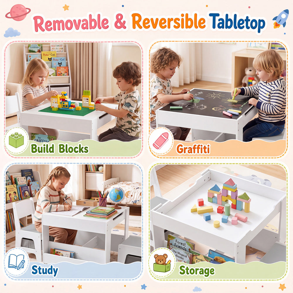 Kids table and chairs set in grey features a removable tabletop, spacious storage, and two bookshelves for versatile play and study.