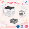 Dimensions of the 4 in 1 kids table and chairs set featuring a reversible tabletop, storage drawers, and bookshelves.