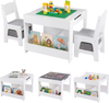 Kids' 4 in 1 table and chairs set in grey with removable tabletop, storage space, and two bookshelves for versatile play.