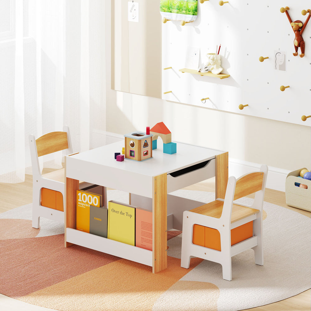 Kids activity table set featuring a reversible tabletop, two chairs, and ample storage for learning and play.
