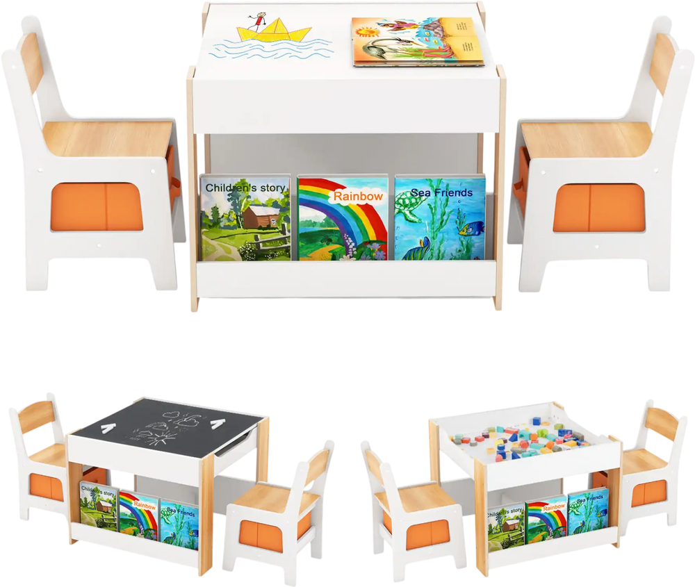 Kids 4 in 1 activity table and chairs set with reversible tabletop, storage boxes, and ergonomic design for versatile.
