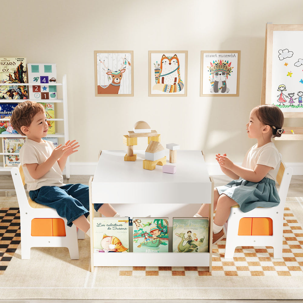 Kids sitting at a 4 in 1 toddler activity table with reversible tabletop, featuring storage boxes and ergonomic chairs.