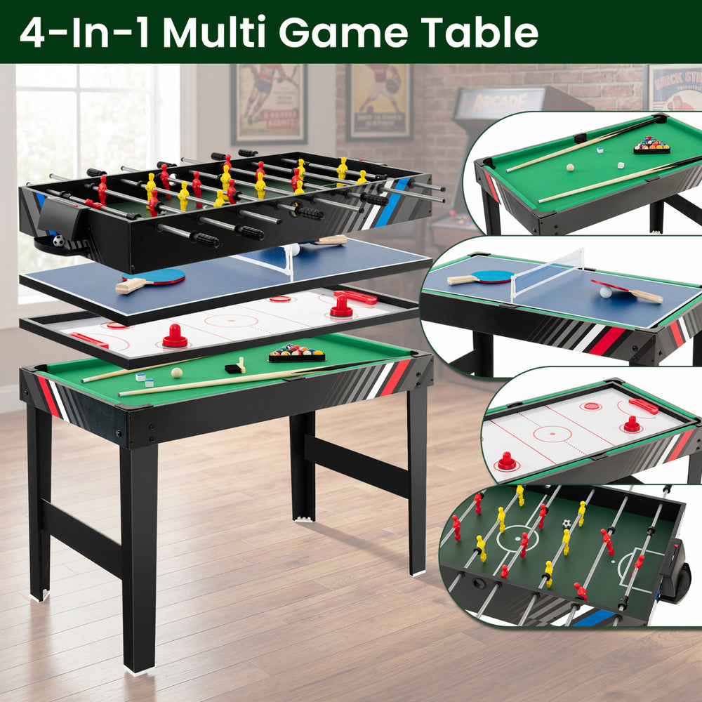 4-in-1 Multi Game Table featuring foosball, billiards, hockey, and table tennis for family fun and entertainment.