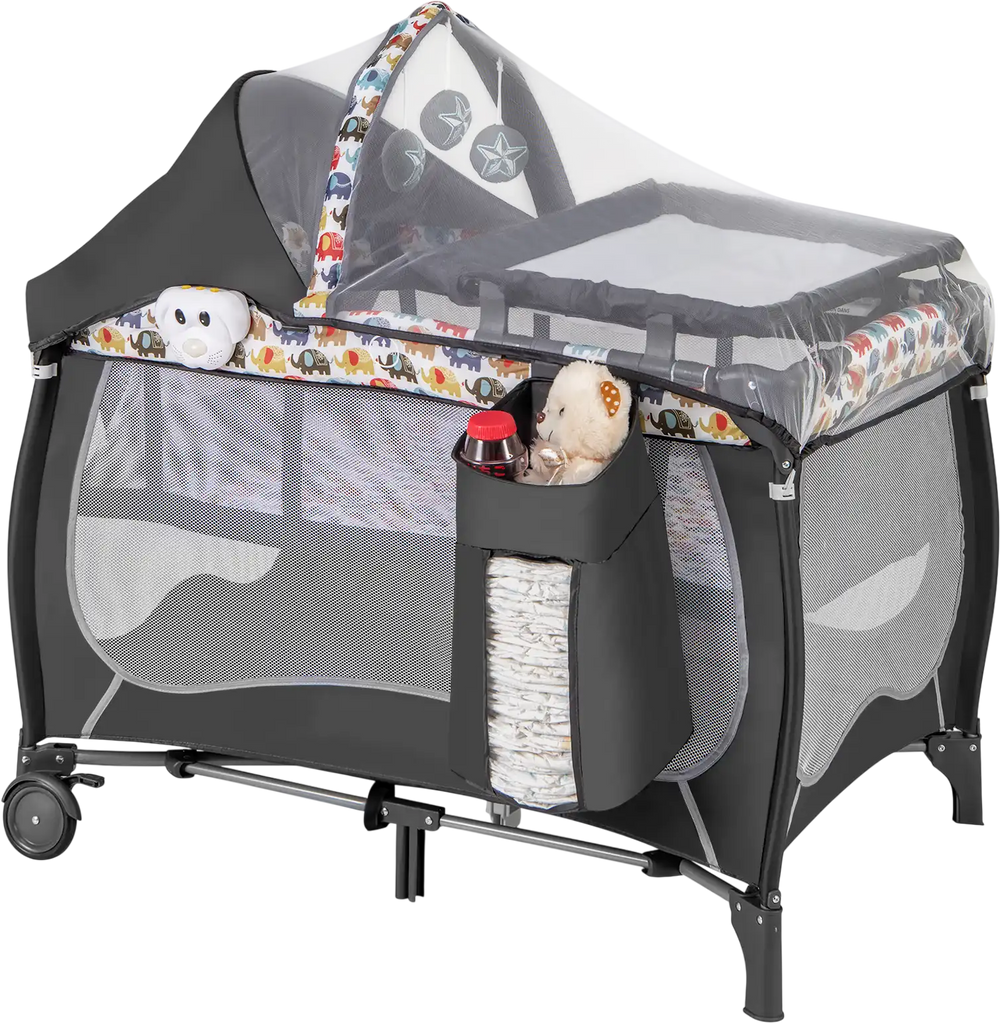 Portable baby nursery center in multicolor with net, changing table, and music box for infants and toddlers.