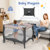 Portable baby playpen with multicolor design, removable changing table, and music box for infants and toddlers.