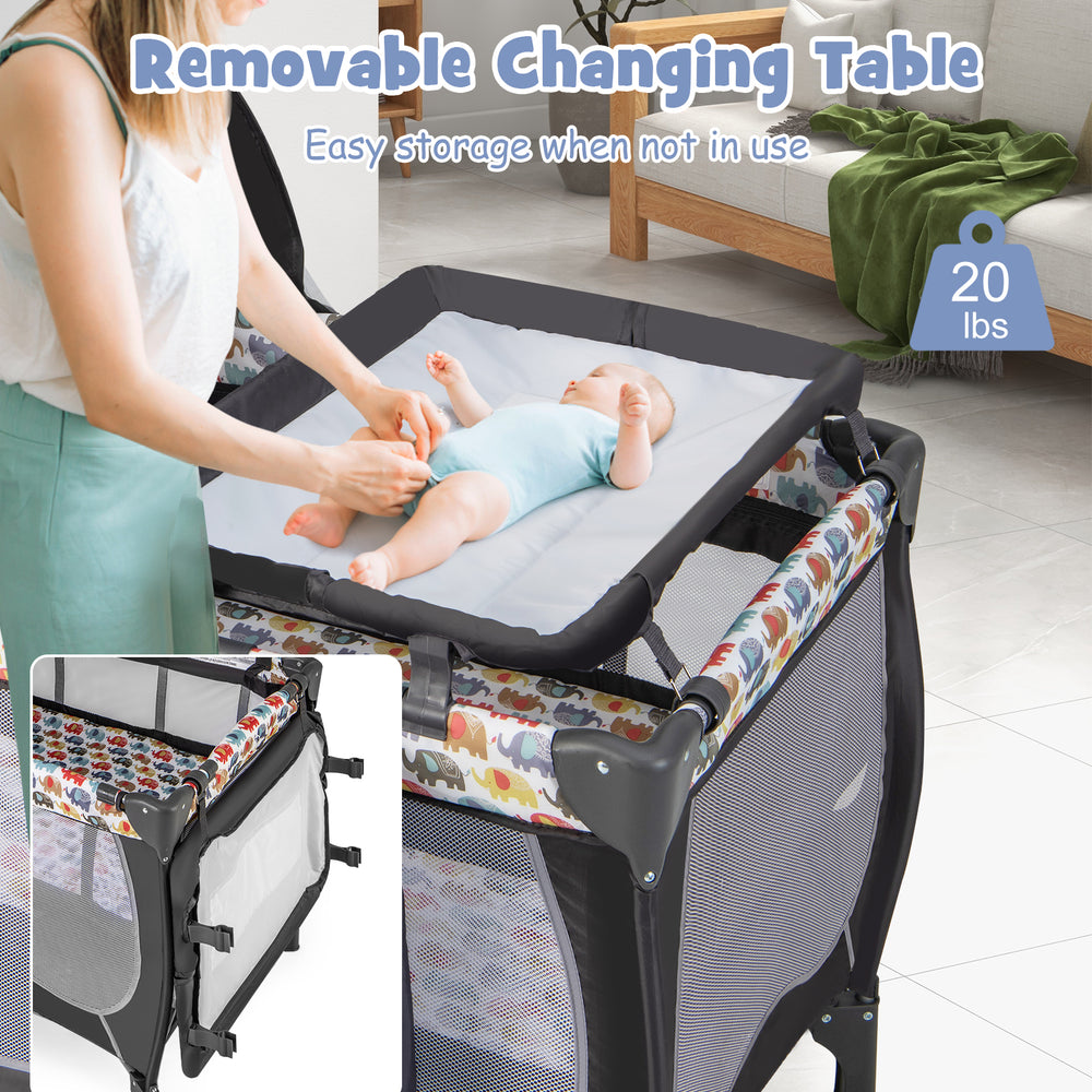 Removable changing table on the 4 in 1 portable baby nursery center, designed for easy storage and travel convenience.