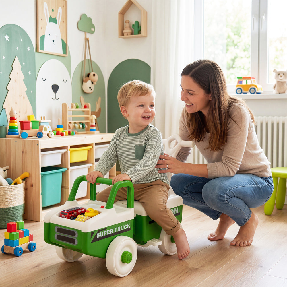 4 in 1 Ride on Push Car with Music and Under-Seat Storage for Boys Girls-Green - Gallery View 1 of 11
