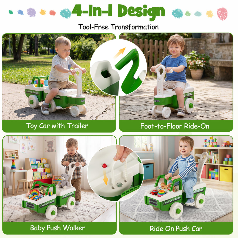 4-in-1 green ride-on push car with music, under-seat storage, and trailer for boys and girls aged 1.5-5 years.