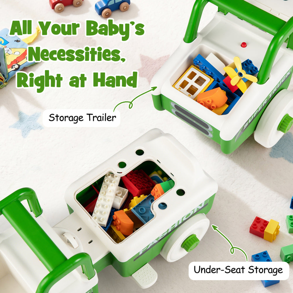4-in-1 green ride-on push car with under-seat storage and trailer, designed for stability and fun for kids aged 1.5-5.