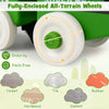 Fully-enclosed all-terrain wheels of the green 4-in-1 ride-on push car, suitable for various surfaces like carpet and.