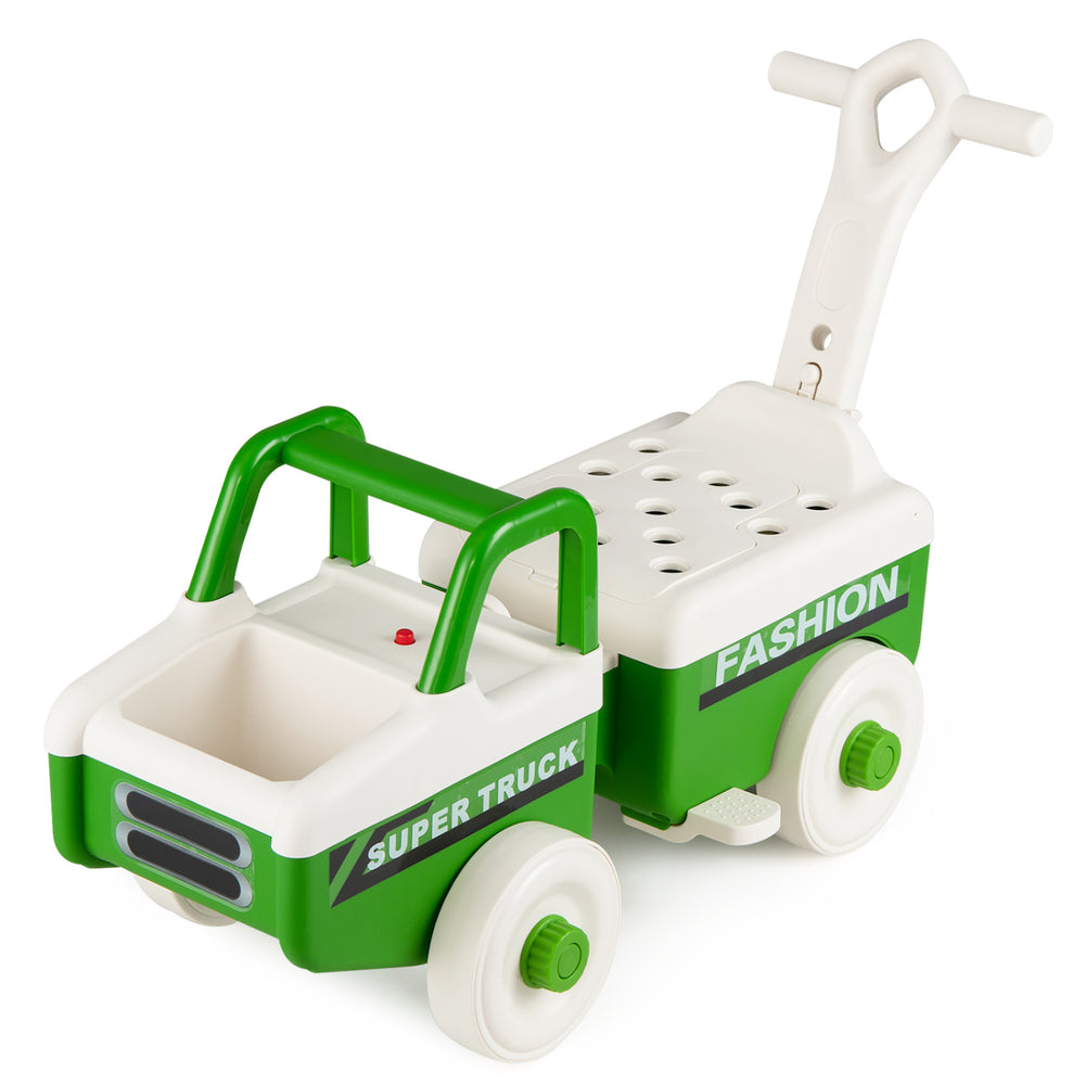 Green 4-in-1 ride-on push car with music, under-seat storage, and anti-tipping design for boys and girls.
