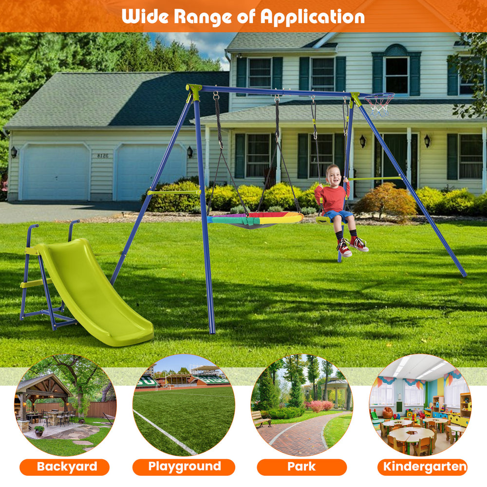 4-in-1 heavy-duty metal playset with slide and basketball hoop, perfect for backyard fun and kids aged 3 to 12 years.