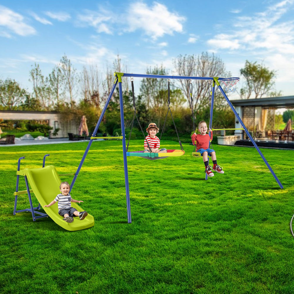 Heavy-duty metal playset featuring swings, slide, and basketball hoop, perfect for kids aged 3-12 in a backyard setting.