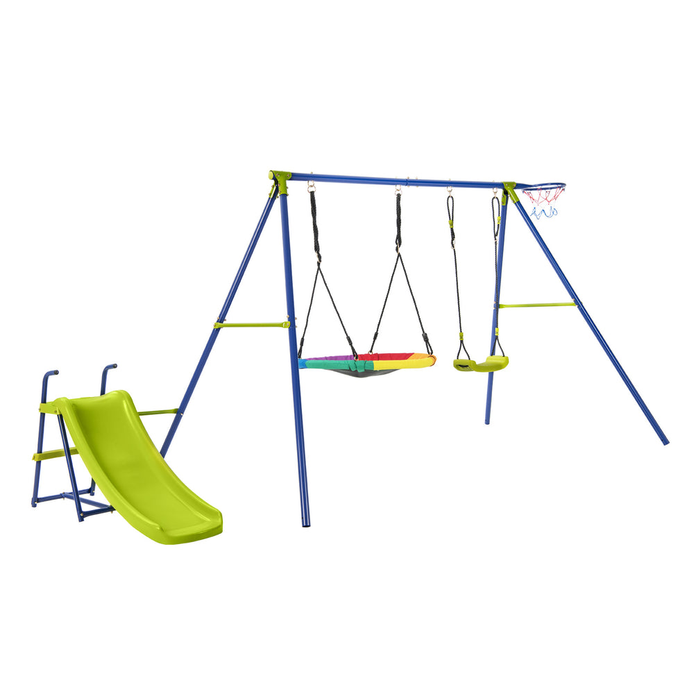 4-in-1 heavy-duty metal playset featuring a slide, swings, and basketball hoop, perfect for kids aged 3 to 12 in the.