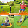 4-in-1 swing set featuring a slide, basketball hoop, saucer swing, and U-shaped swing for outdoor fun and play.