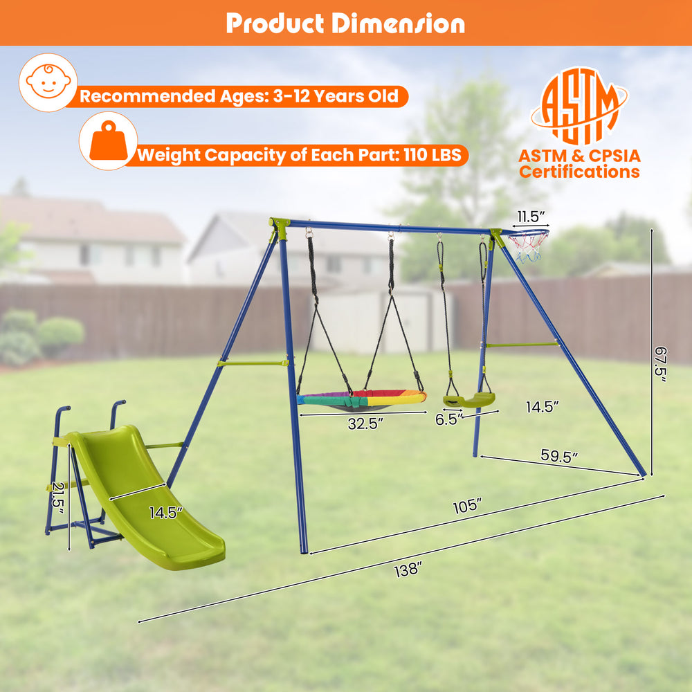 4-in-1 heavy-duty metal playset with slide and basketball hoop, designed for kids aged 3-12, perfect for backyard fun.